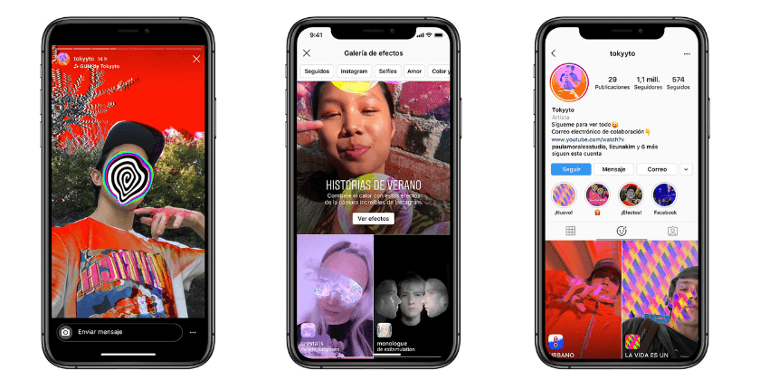 Tres pantallas de Instagram con historias a las que se han aplicado filtros de realidad aumentada