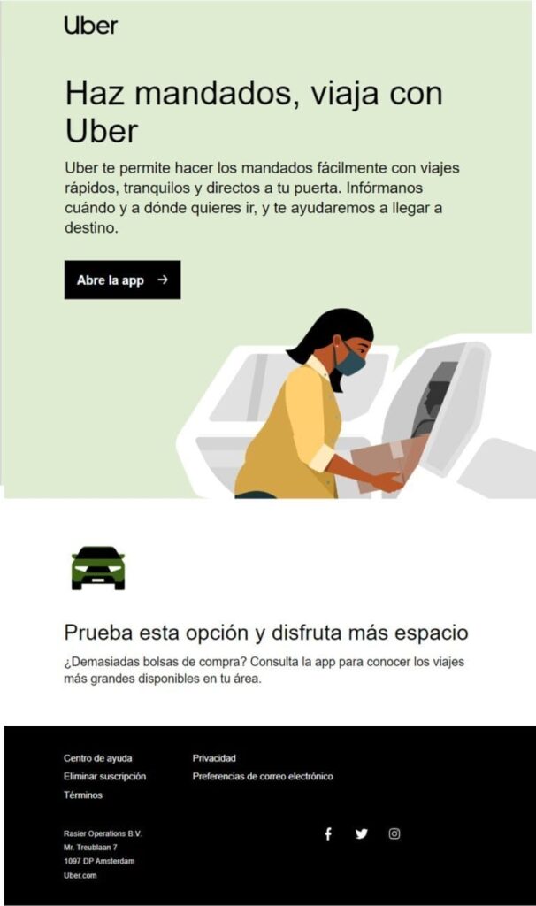 Correo de Uber que propone usar sus viajes para hacer mandados, con una repartidora ilustrada