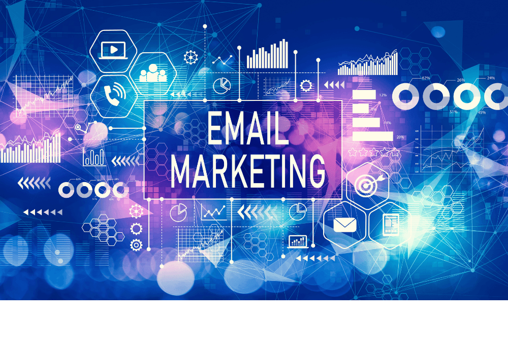 Composición digital con el rótulo email marketing rodeado de iconos de métricas y mensajería