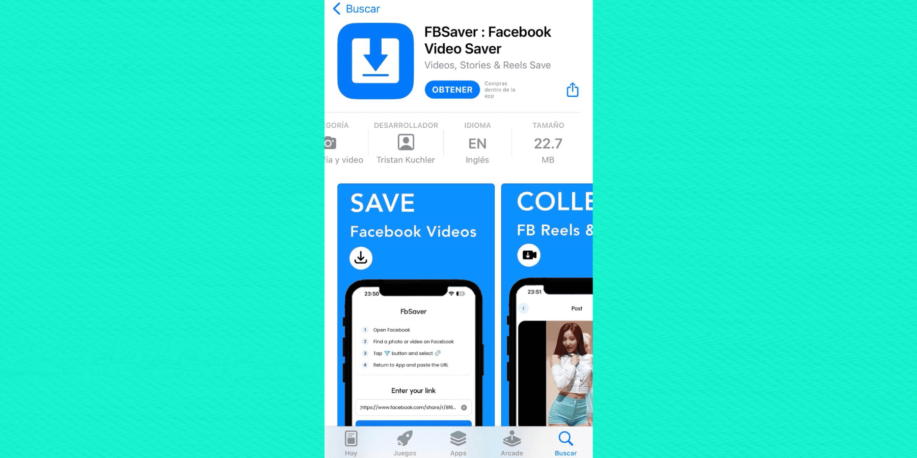 Ficha de FBSaver en la tienda de aplicaciones, una app para guardar vídeos y reels de Facebook