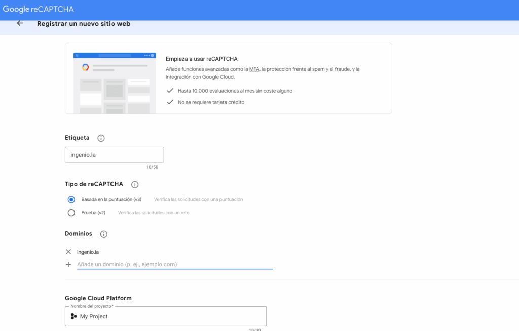 Formulario de reCAPTCHA con la etiqueta, el dominio y el proyecto de Google Cloud rellenos