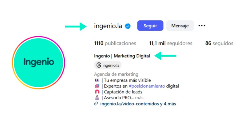 Perfil de Instagram de Ingenio con flechas que señalan el nombre de usuario y el visible