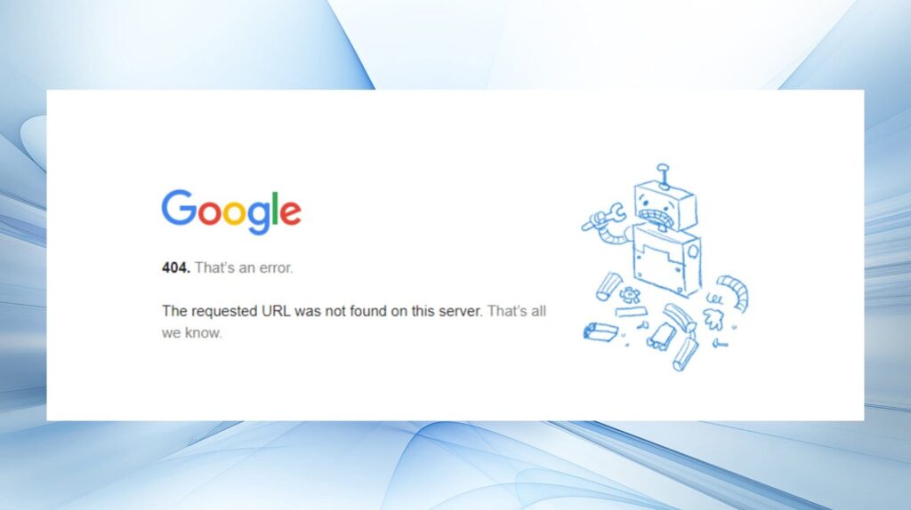 Pantalla de error 404 de Google al no encontrar la dirección solicitada en el servidor