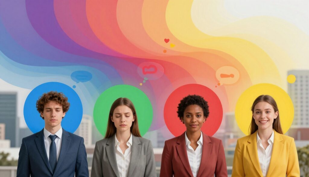 A visually engaging representation of how colors influence emotions and behaviors, featuring an abstract blend of vibrant color gradients flowing seamlessly together. In the foreground, a diverse group of four people dressed in professional business attire, each surrounded by a color bubble that reflects their emotional state—calm blue for serenity, warm red for excitement, earthy green for balance, and cheerful yellow for joy. In the middle ground, subtle shapes and symbols that evoke emotions, such as hearts or thought bubbles, lightly intertwined with the color bursts. The background showcases a soft, blurred cityscape to suggest the environment of advertising. The scene is illuminated with soft, natural lighting, emphasizing the colors and creating a harmonious, inviting atmosphere that draws the viewer into the psychology of color.