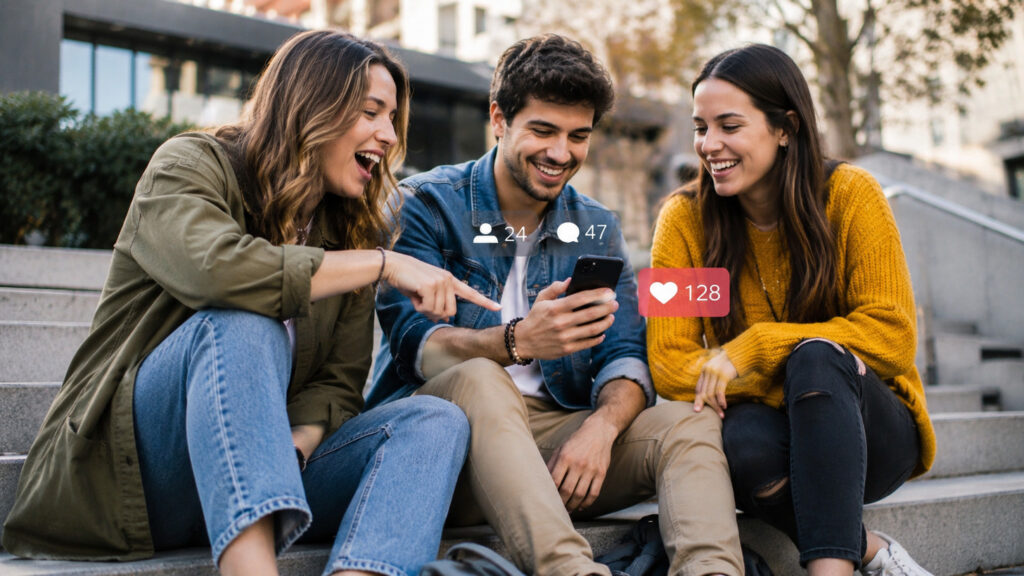 Tres jóvenes sentados en la calle miran un móvil y reaccionan a una publicación con entusiasmo.