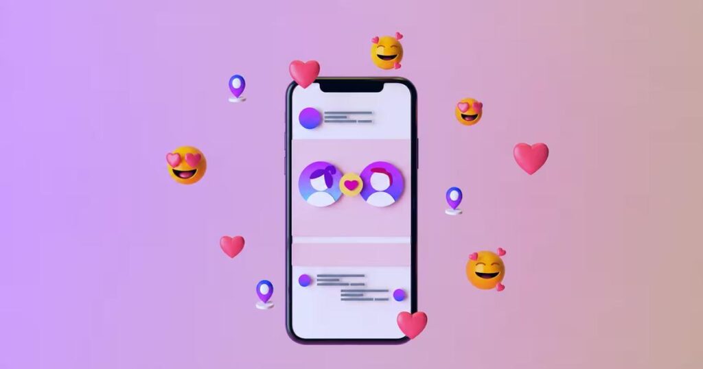 Móvil del que salen corazones y emojis de reacción sobre un fondo degradado en tonos rosados.