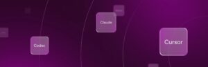 Fichas de Codex, Claude y Cursor sobre fondo morado: las herramientas de IA que se conectan a Elementor mediante el MCP.