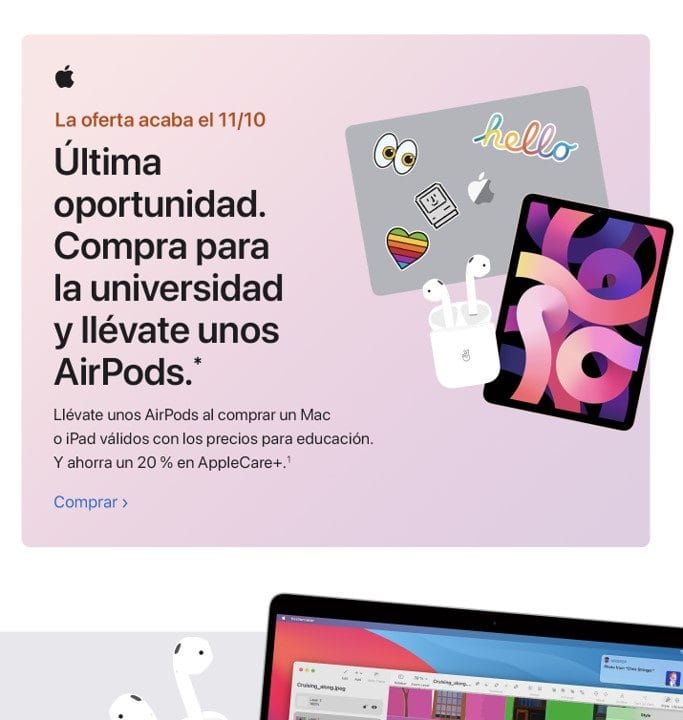 Correo de Apple que ofrece unos AirPods al comprar un Mac o un iPad con precios de educación