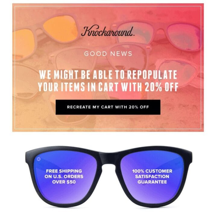 Correo de Knockaround que recupera un carrito abandonado con un veinte por ciento de descuento