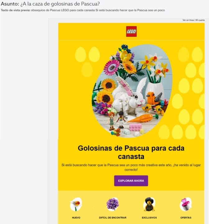 Correo de LEGO con una canasta de Pascua construida con piezas sobre fondo amarillo