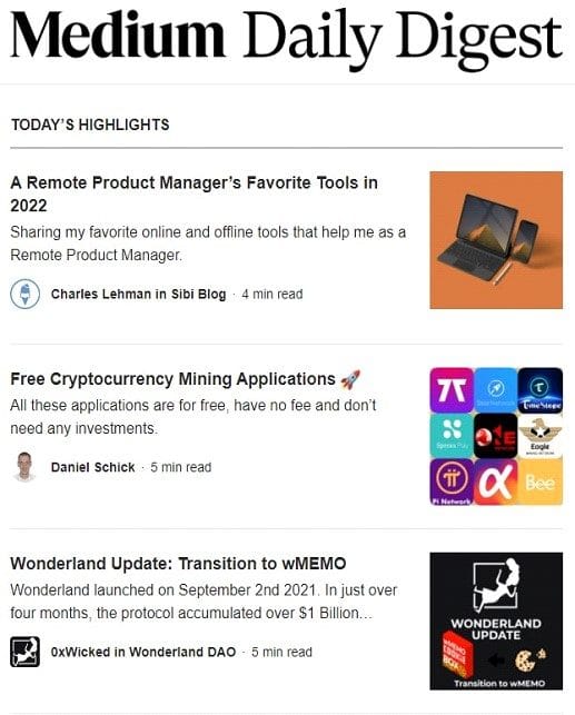 Boletín Medium Daily Digest con tres artículos destacados y su tiempo estimado de lectura