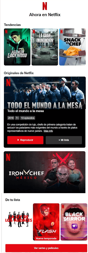 Correo de Netflix con carátulas de series y películas agrupadas por tendencias y originales