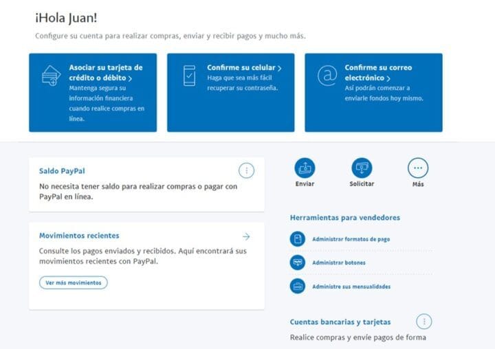 Correo de PayPal que guía a un usuario nuevo para asociar tarjeta, móvil y correo a su cuenta