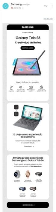 Correo de Samsung que presenta la tableta Galaxy Tab S6 junto a sus accesorios