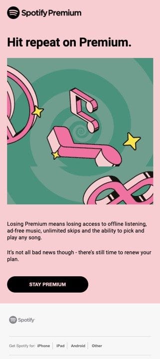 Correo de Spotify Premium que invita a conservar la suscripción antes de perder sus ventajas