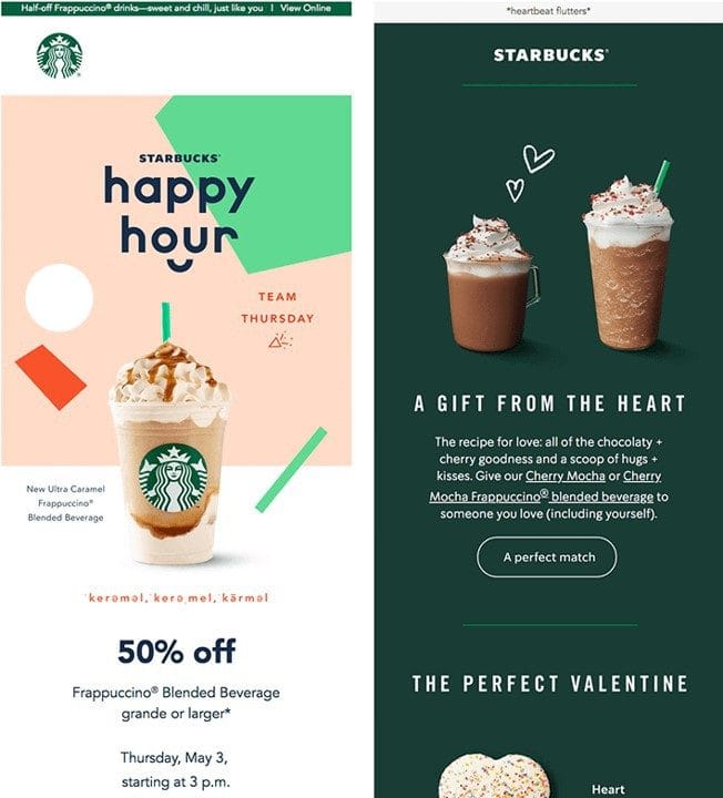 Dos correos de Starbucks: uno de happy hour al cincuenta por ciento y otro de San Valentín