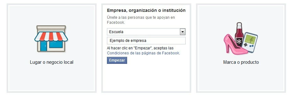 Pantalla de Facebook para elegir entre negocio local, empresa o marca al crear una página