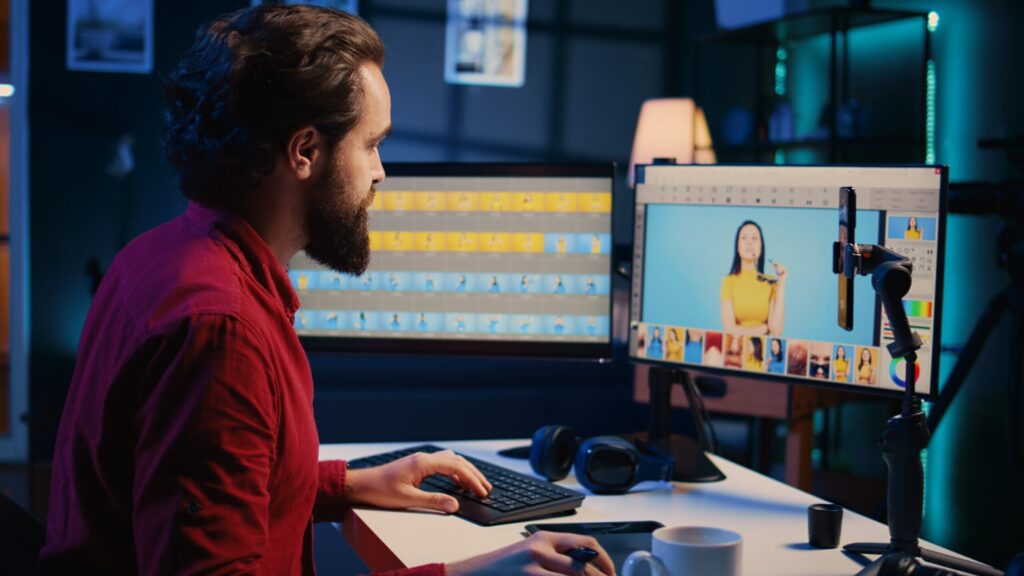 Editor trabaja con vídeo en dos monitores dentro de un estudio en penumbra