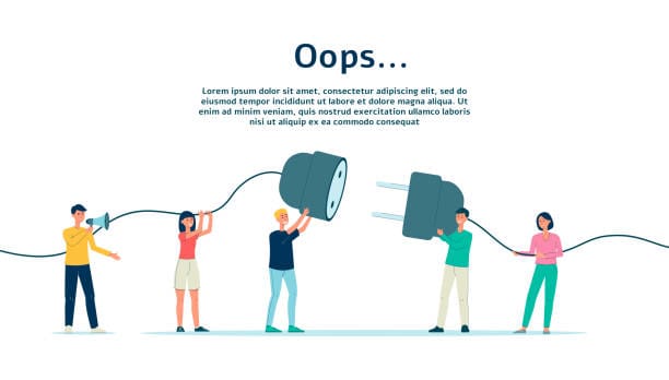 Ilustración de varias personas que sostienen un cable desconectado bajo el rótulo Oops