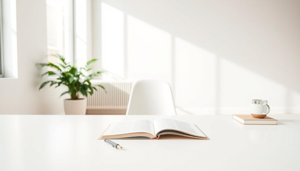 A clean, minimalist workspace in a bright, airy environment showcasing essential characteristics of minimalist design. In the foreground, a sleek, white desk with minimal clutter, featuring a single elegant pen and an open notebook with blank pages. In the middle, a comfortable, modern chair and a simple potted plant, adding a touch of greenery. The background is filled with soft, neutral-colored walls and a large window allowing natural light to flood the space, creating a serene atmosphere. Use soft lighting to emphasize the simplicity and elegance of the design. The scene conveys tranquility and focus, ideal for illustrating the core principles of minimalist design.
