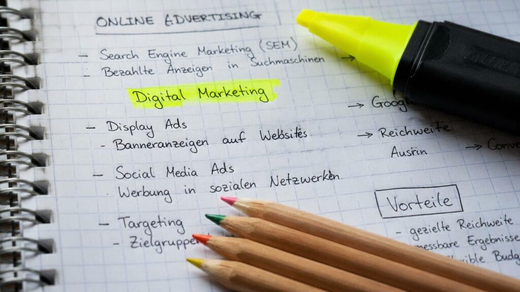 Cuaderno con apuntes de marketing en línea donde una frase aparece resaltada con rotulador.