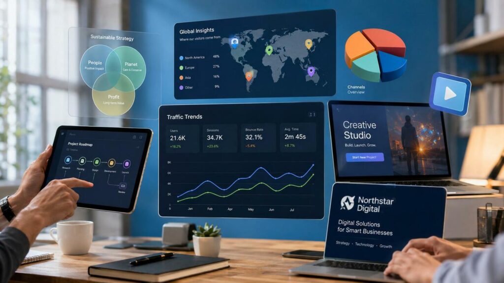 Equipo revisa en pantallas un panel con mapas, gráficos circulares y curvas de tendencia.