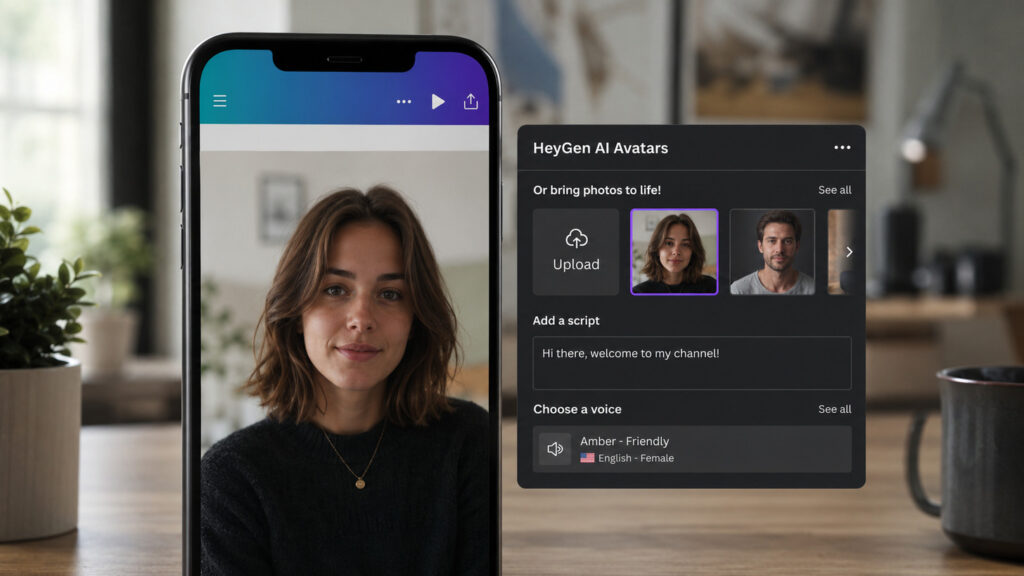 Móvil mostrando una herramienta de avatares con inteligencia artificial para generar video.