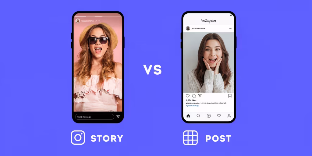 Dos móviles enfrentados comparan una historia de Instagram con una publicación del feed.