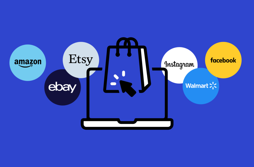 Ilustración de venta multicanal con los logotipos de Amazon, Etsy, eBay, Instagram, Facebook y Walmart