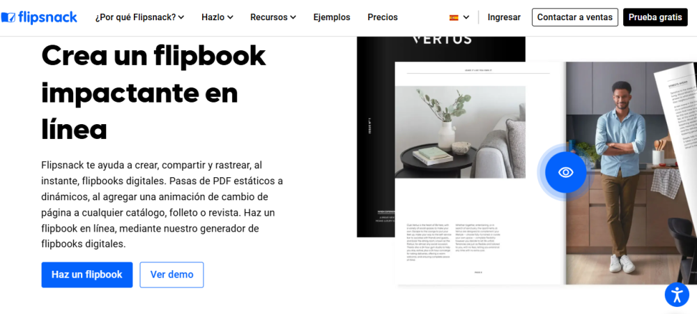 Página de inicio de Flipsnack con su editor para crear catálogos digitales tipo flipbook