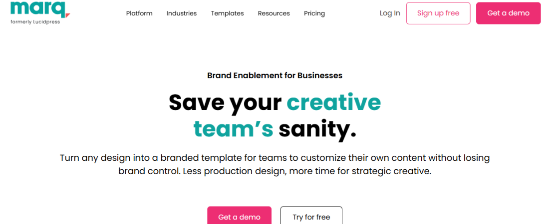 Página de Marq, antes Lucidpress, con plantillas de marca para equipos creativos