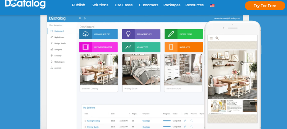 Sitio de DCatalog con su panel de catálogos digitales visto en escritorio y en móvil
