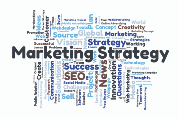 Nube de palabras en torno a la estrategia de marketing con términos como SEO e innovación