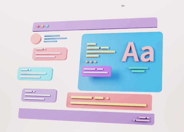 Ilustración tridimensional de bloques de interfaz con una tarjeta tipográfica marcada con Aa