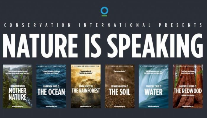 Carteles de la campaña Nature is Speaking de Conservation International en seis piezas