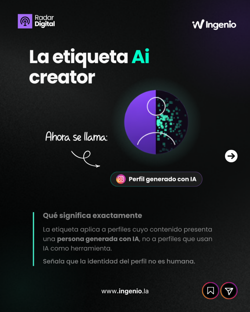 Lámina de Radar Digital: la etiqueta «AI creator» de Instagram ahora se llama «Perfil generado con IA» y se aplica a perfiles cuyo contenido presenta una persona generada con IA.