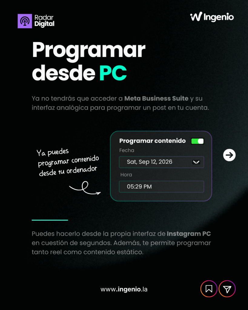Lámina de Radar Digital: ya puedes programar contenido desde Instagram en el ordenador, con una ventana de ejemplo para elegir fecha y hora de publicación.