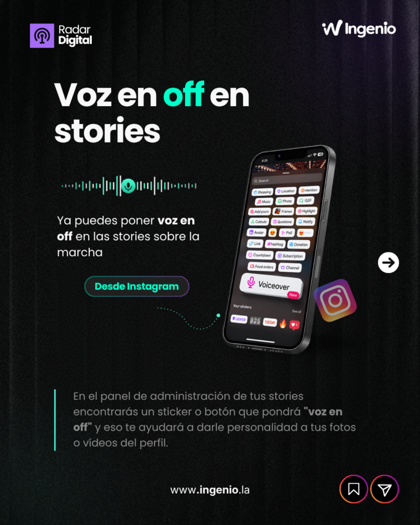 Lámina de Radar Digital sobre la voz en off en las stories de Instagram, con un móvil que muestra el sticker Voiceover en el panel de stickers.