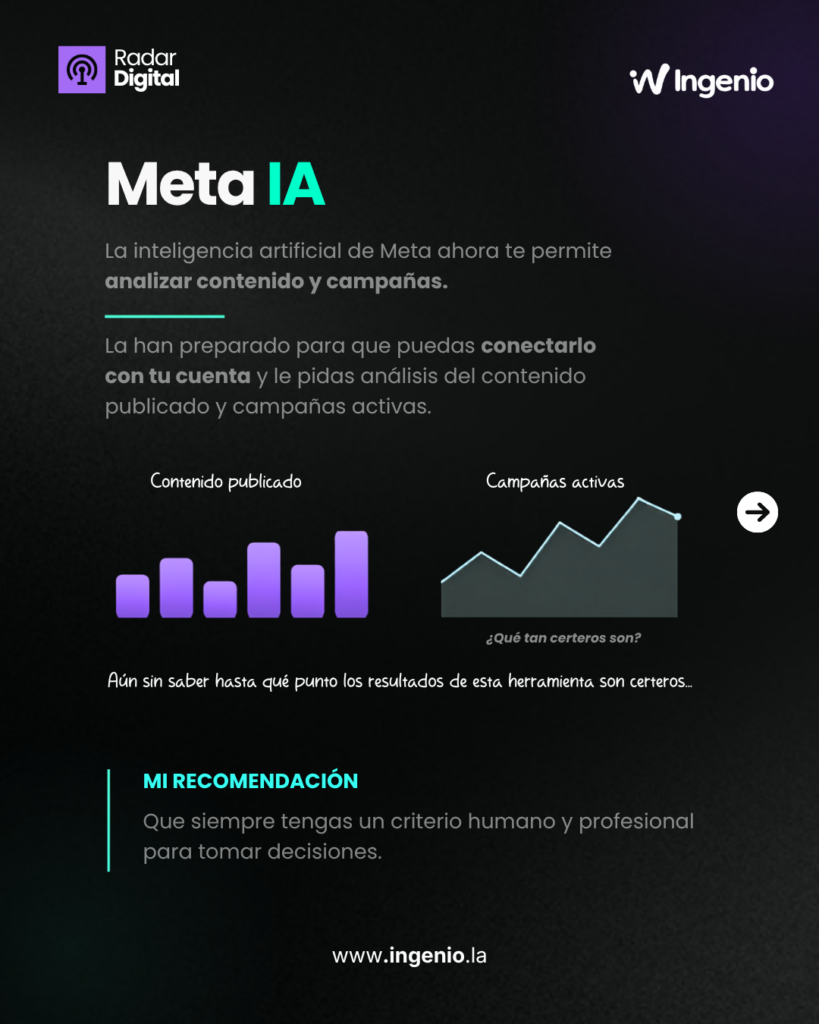 Lámina de Radar Digital: Meta IA permite analizar el contenido publicado y las campañas activas, con la recomendación de mantener siempre un criterio humano y profesional.