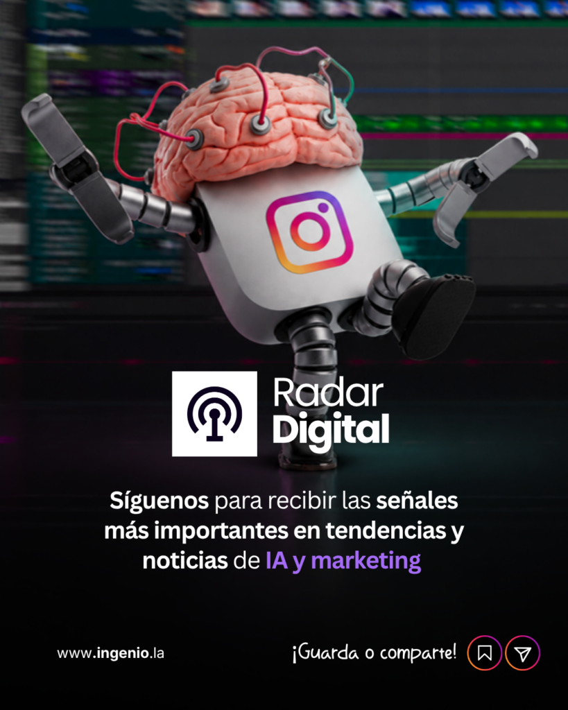 Lámina de cierre de Radar Digital: un robot con cerebro y el logo de Instagram invita a seguir a Ingenio para recibir tendencias y noticias de IA y marketing.